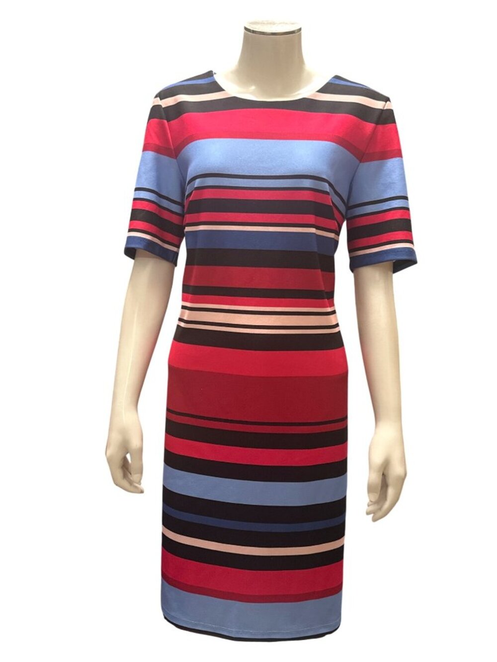 Leslie Fay Size 10 Multicolor Stripe Short Sleeve Shift Dress Mid Length Stretch - Picture 2 of 9